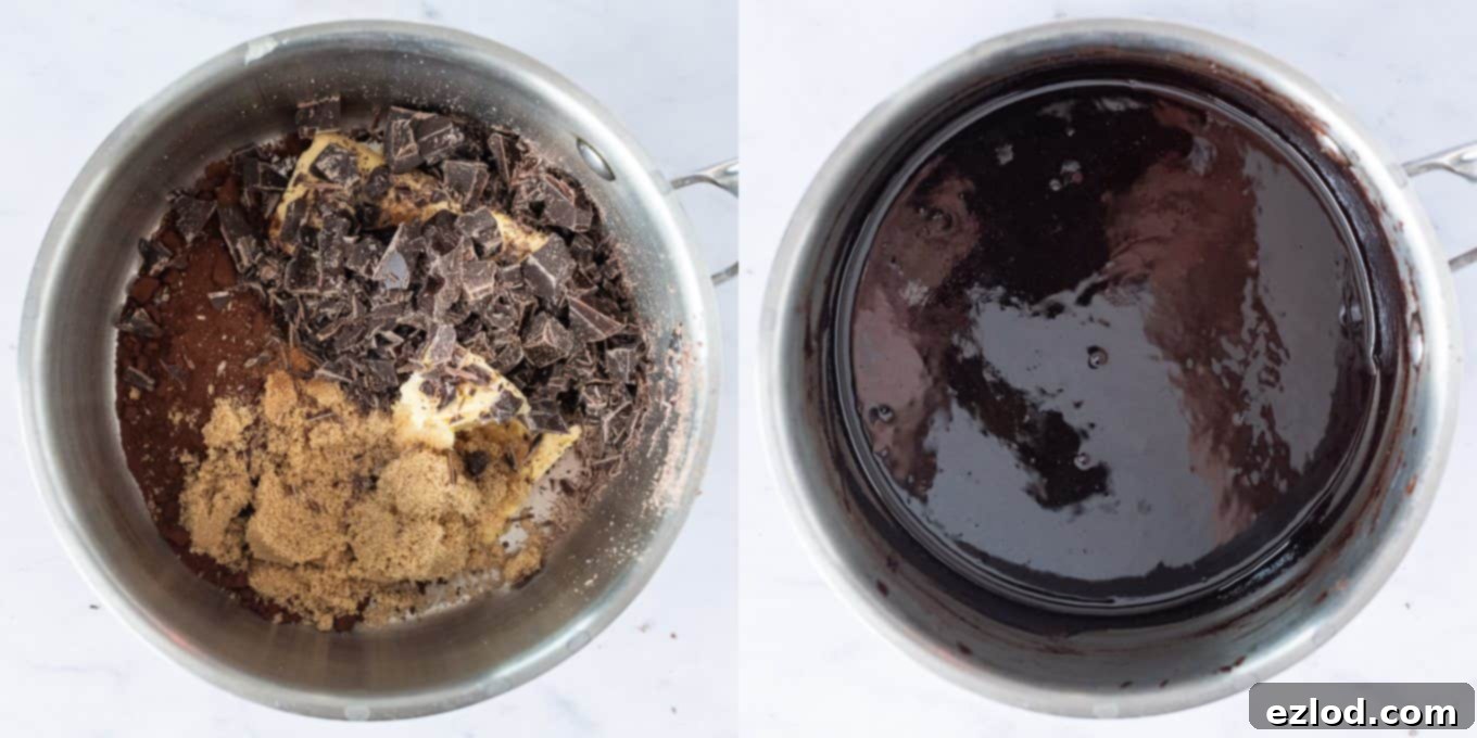 Step 4: Preparing the rich chocolate filling for the babka, melted and smooth in a saucepan.