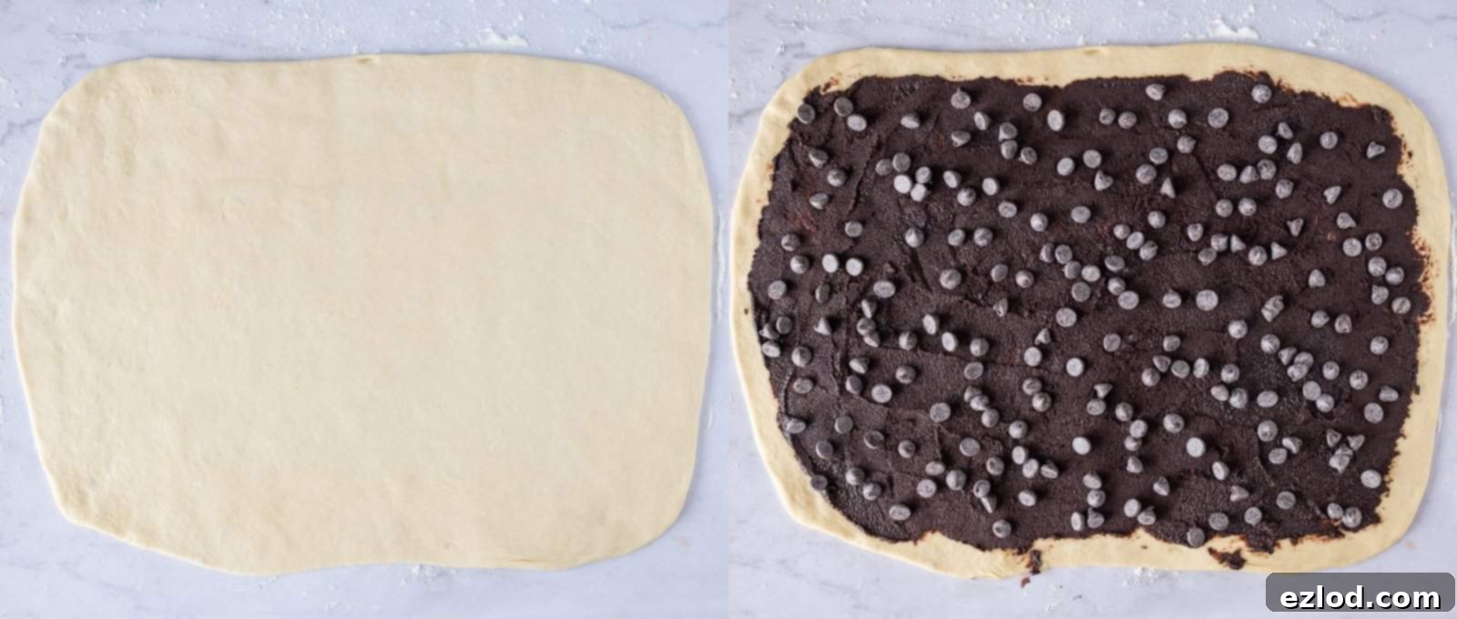 Step 5: Rolling out the babka dough into a rectangle and evenly spreading the rich chocolate filling with additional chocolate chips.