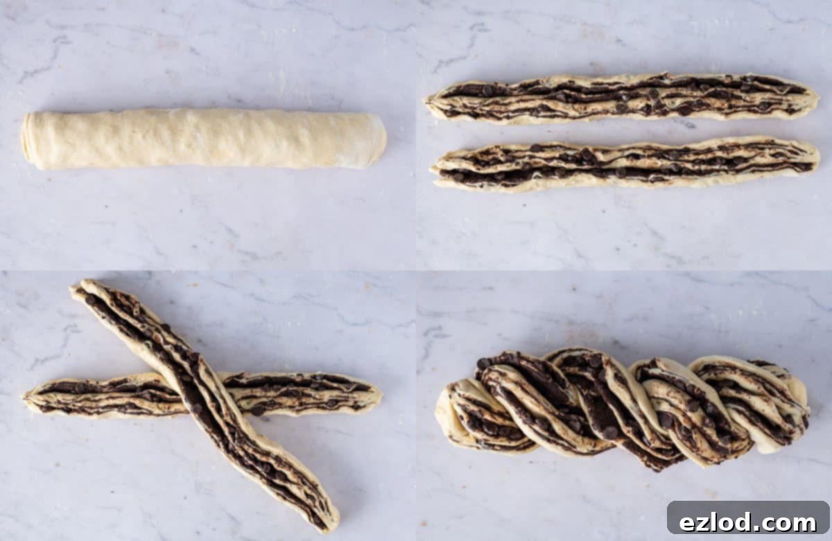 Step 6: Demonstrating the intricate shaping process of babka, showing the dough rolled, sliced lengthwise, and then twisted into a beautiful braid.