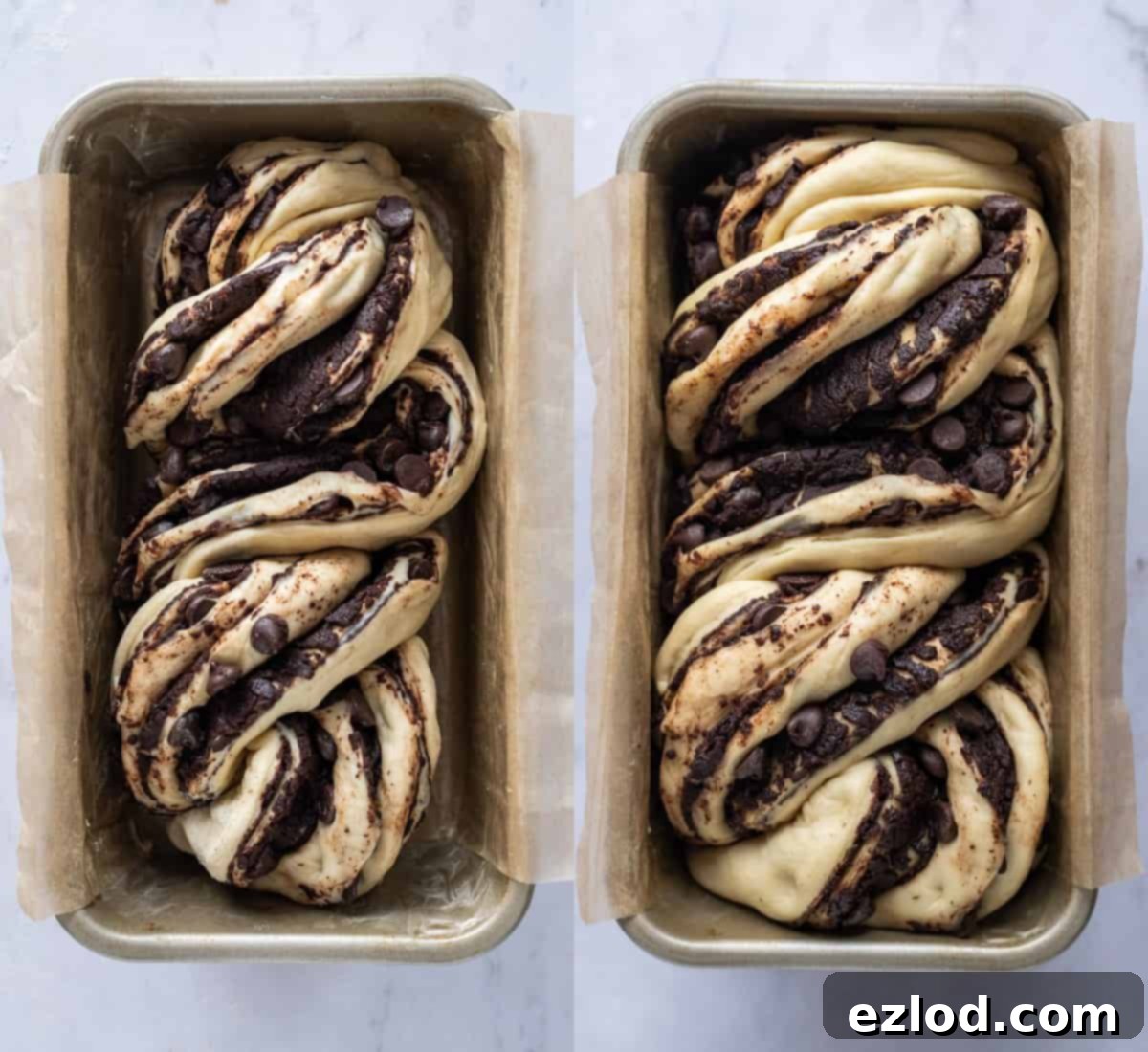 Step 7: The babka dough undergoing its final rise in a loaf tin, covered and expanding beautifully before baking.