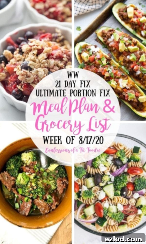 A vibrant display of healthy summer meals, including a colorful salad, tacos, and fresh fruit crisp, all ready for a 21 Day Fix and WW meal plan. Focuses on family-friendly, nutritious options.