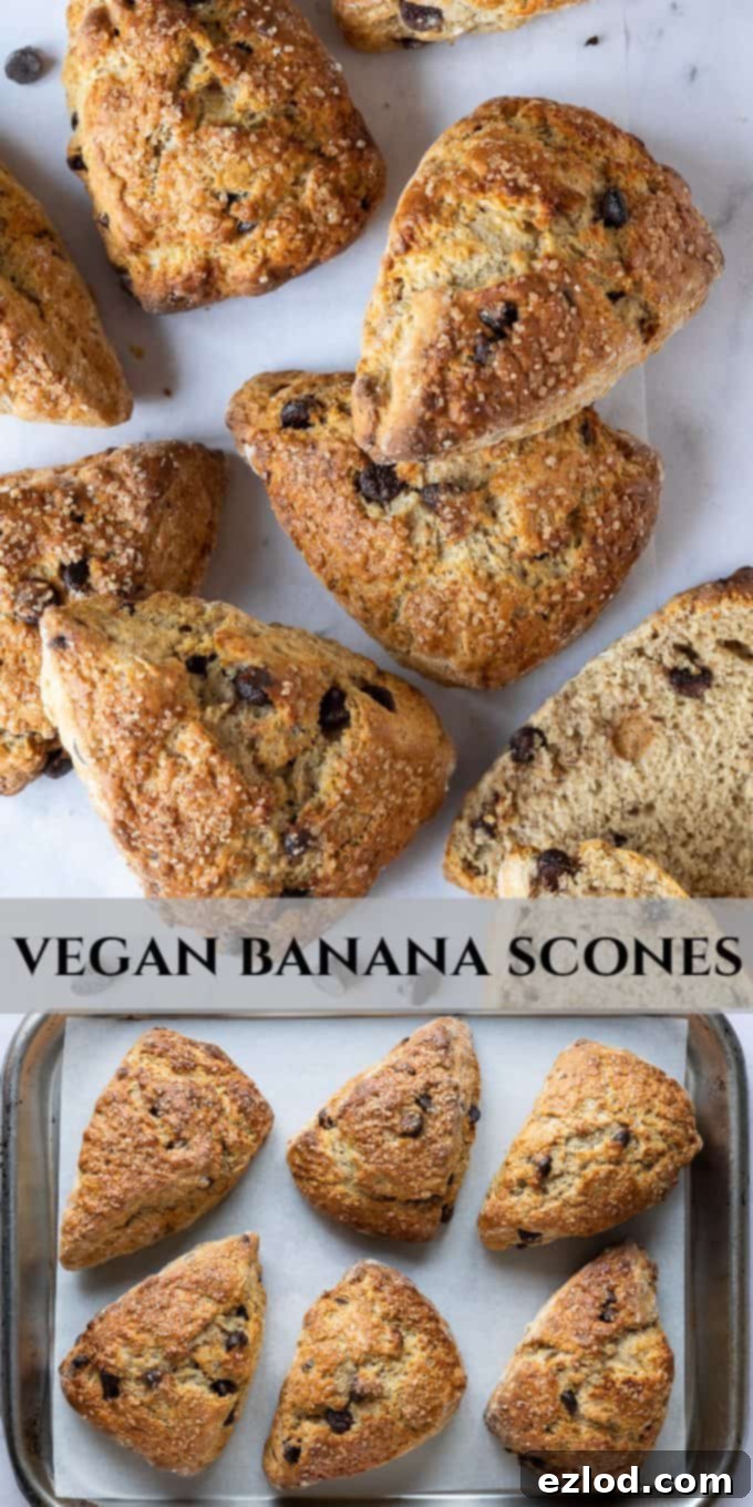 Pinterest image for vegan banana scones recipe, showing a close-up of the delicious pastries.