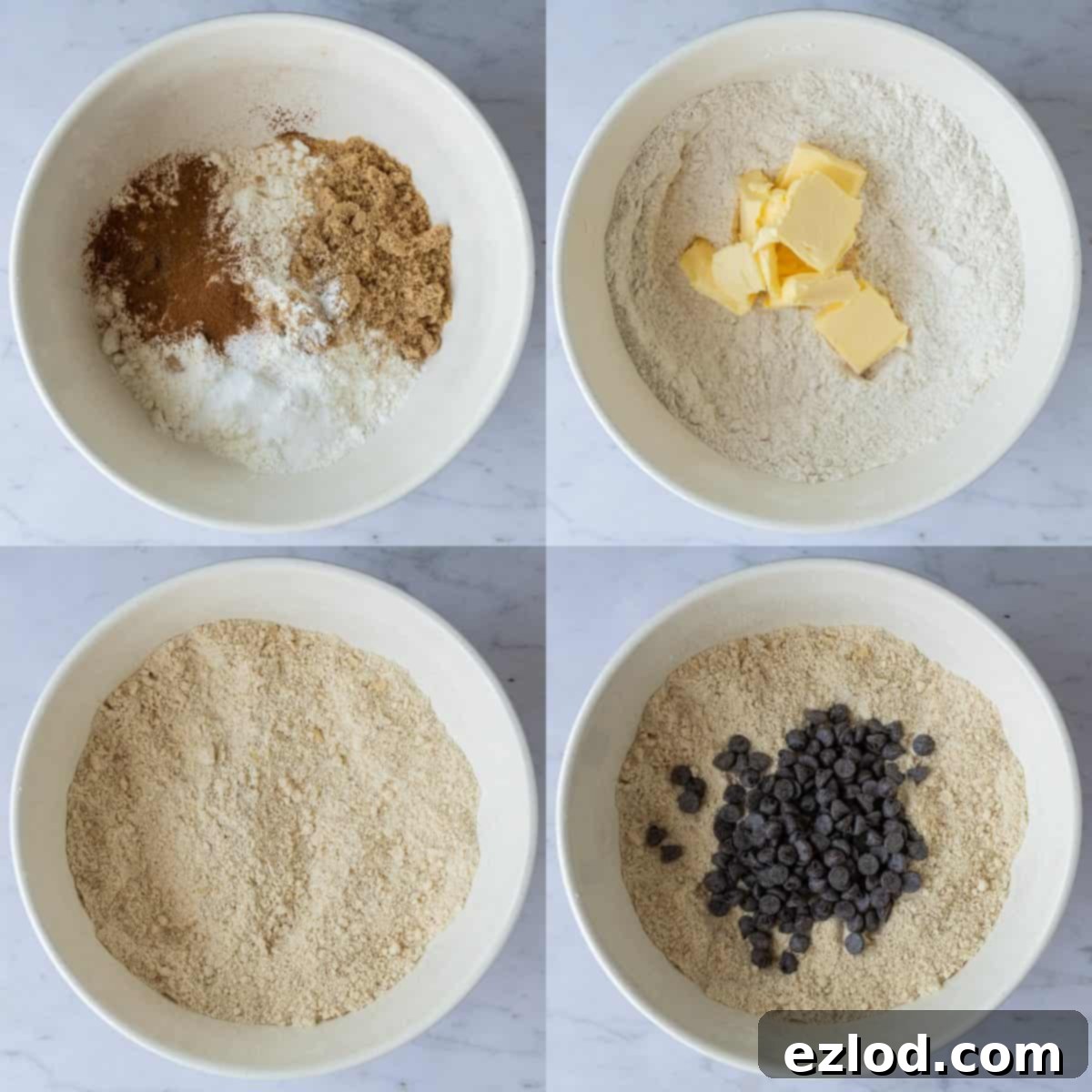Step-by-step image showing cold vegan butter and chocolate chips being mixed into the dry ingredients for vegan banana scones.