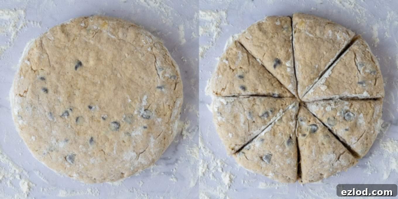 Step-by-step image demonstrating how to pat out the vegan banana scone dough and slice it into wedges.
