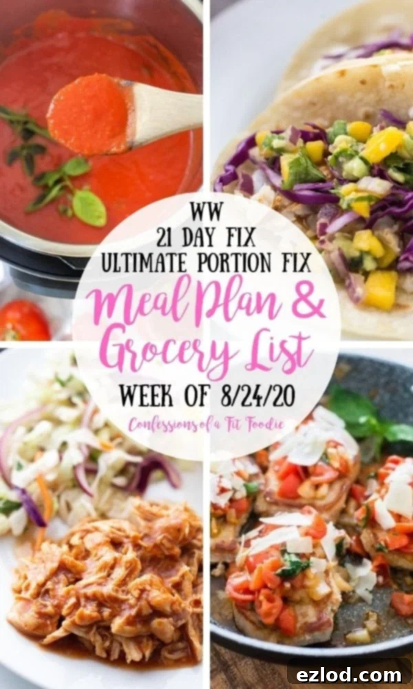 A food photo collage with a white circle in the middle with pink and black text overlay- WW | 21 Day Fix | Ultimate Portion Fix | Meal Plan & Grocery List | Week of 8/24/20 | Confessions of a Fit Foodie