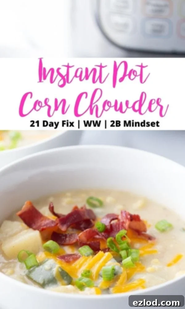 A close-up photo of a bowl of soup topped with bacon, featuring a black and pink text overlay on a white rectangle. The text proudly announces 'Instant Pot Corn Chowder | 21 Day Fix | WW | 2B Mindset', highlighting its health benefits.