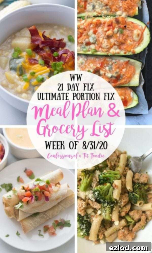 Food photo collage with black and pink text overlay on a white circle. Text says, WW | 21 Day Fix | Ultimate Portion Fix | Meal Plan & Grocery List | Week of 8/31/20 | Confessions of a Fit Foodie