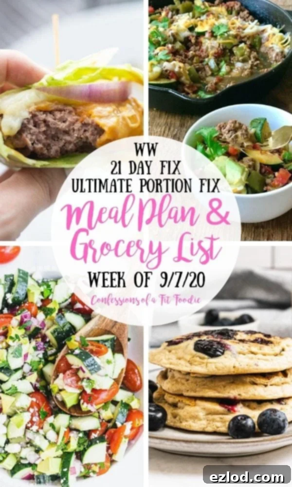 Food photo collage with black and pink text overlay on a white circle. The text says, WW | 21 Day Fix | Ultimate Portion Fix | Meal Plan & Grocery List | Week of 9/7/20 | Confessions of a Fit Foodie