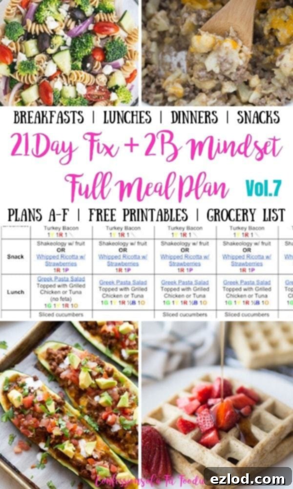 Food photo collage with a black and pink text overlay on a white background. Text overlay says, 21 Day Fix + 2B Mindset Full Meal Plan Vol, 7 | Confessions of a Fit Foodie