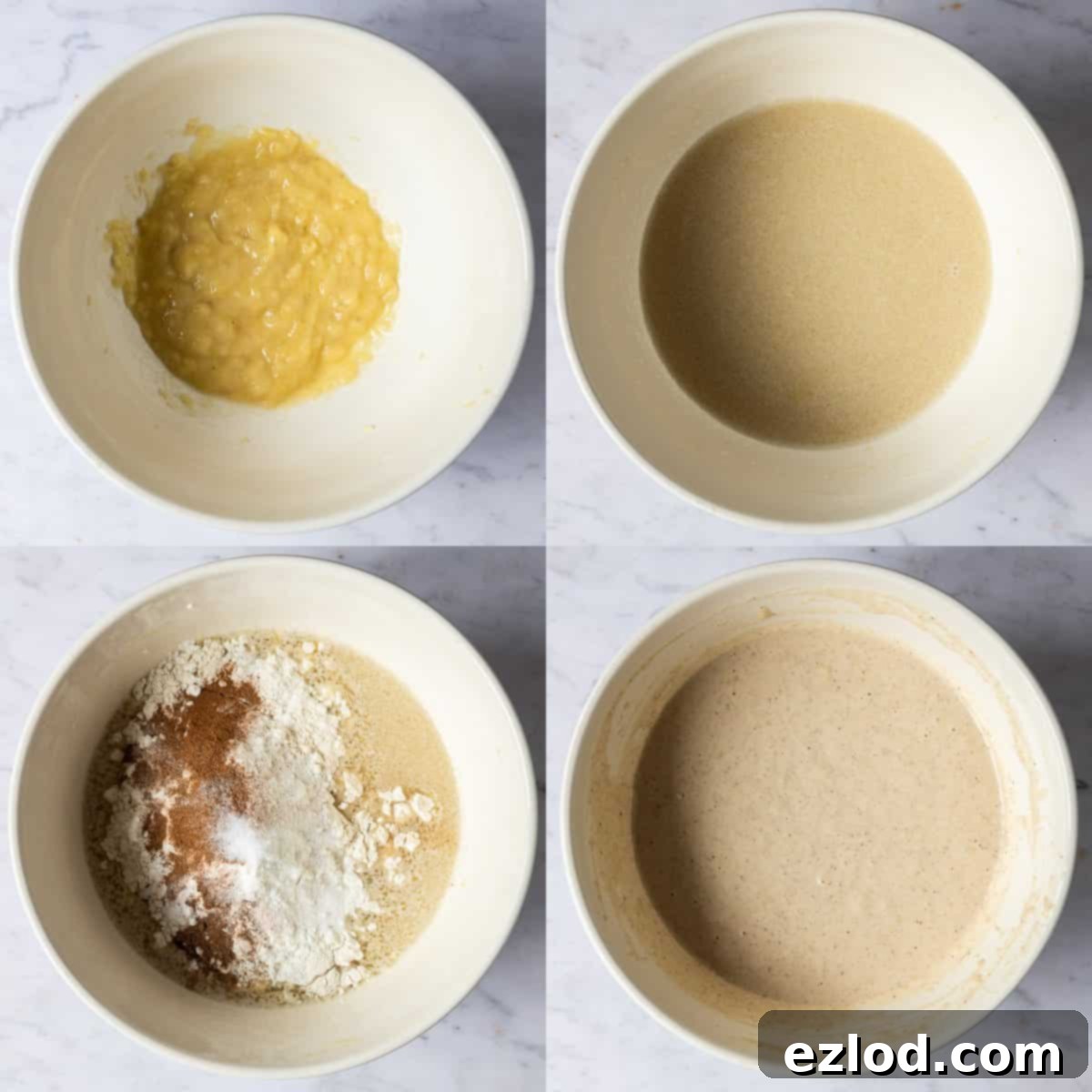 step 1 - making the batter, showing mashed banana and other ingredients in a bowl.