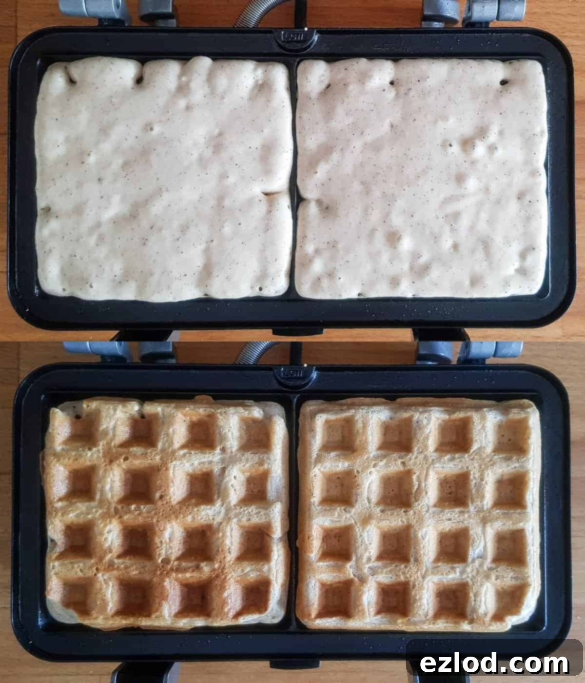 step 2 - cooking the waffles in a waffle iron.