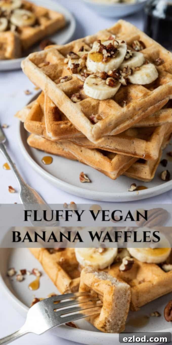pinterest image, a stack of vegan banana waffles with toppings.