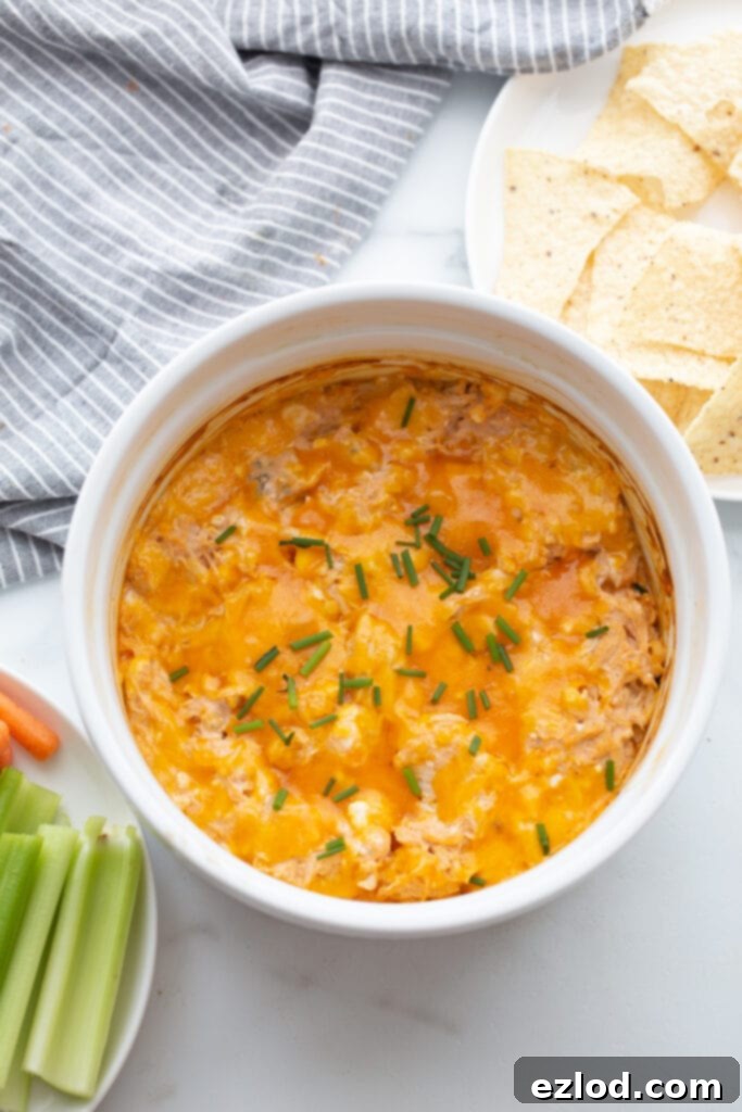 Overhead shot of Healthy Buffalo Chicken Dip in a white casserole dish, surrounded by a variety of colorful dippers like celery, carrots, and chips.