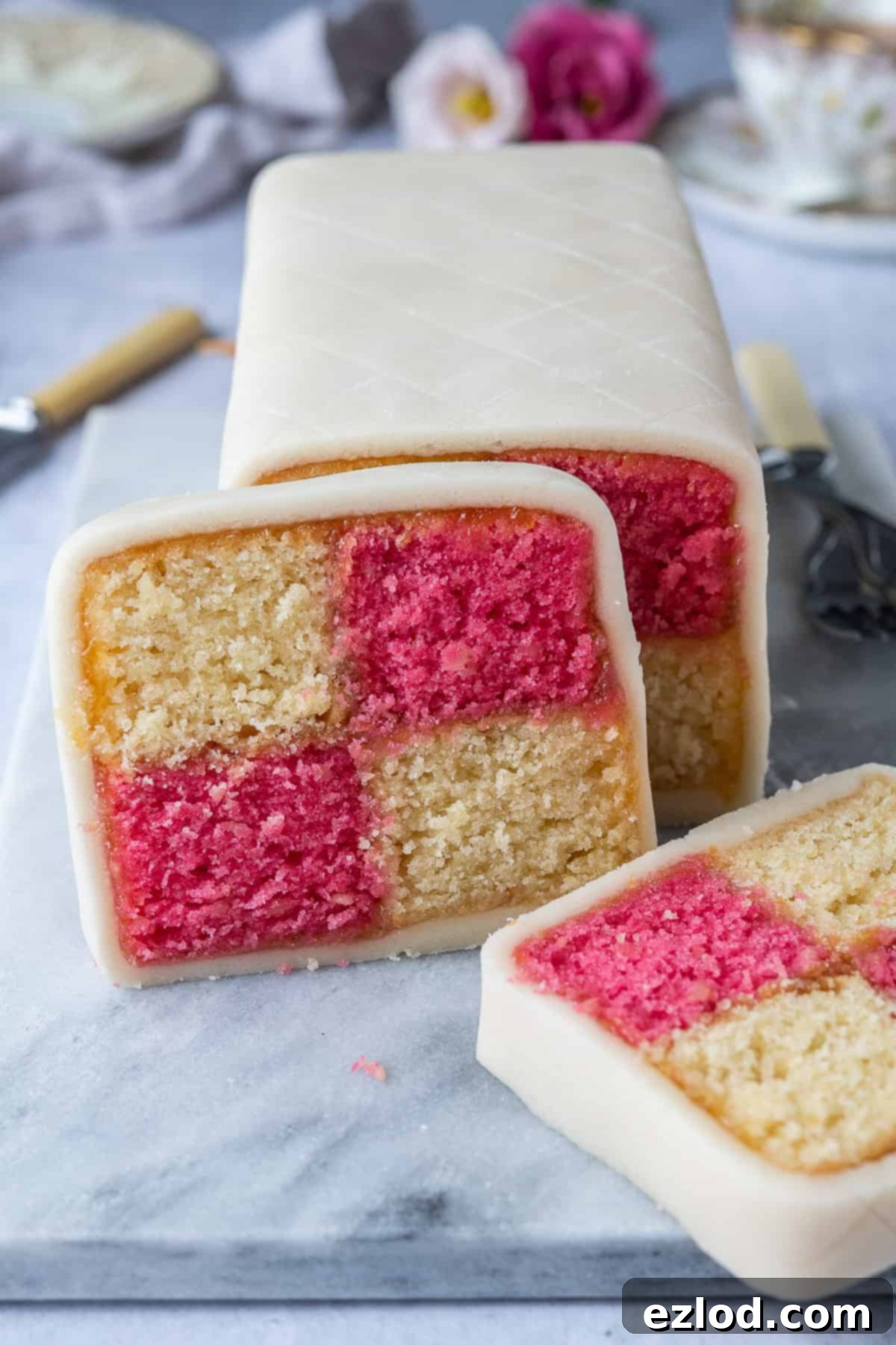 A close-up shot of a single slice of vegan Battenberg cake, showcasing the intricate pink and yellow chequered pattern within, and the smooth marzipan outer layer. The texture of the almond sponge is visible.