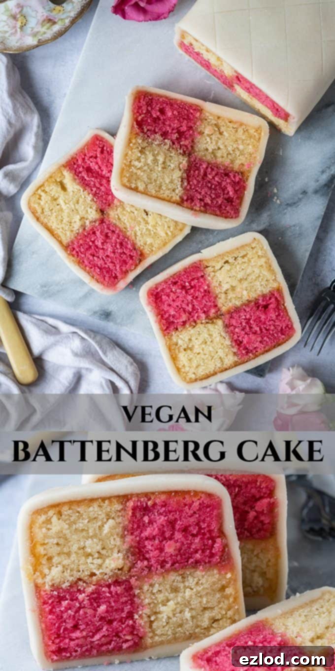 A vibrant Pinterest-ready image of vegan Battenberg cake, showcasing a beautifully sliced piece revealing the pink and yellow chequered pattern, surrounded by fresh flowers and a tea cup. Optimized for sharing on social media with relevant hashtags.