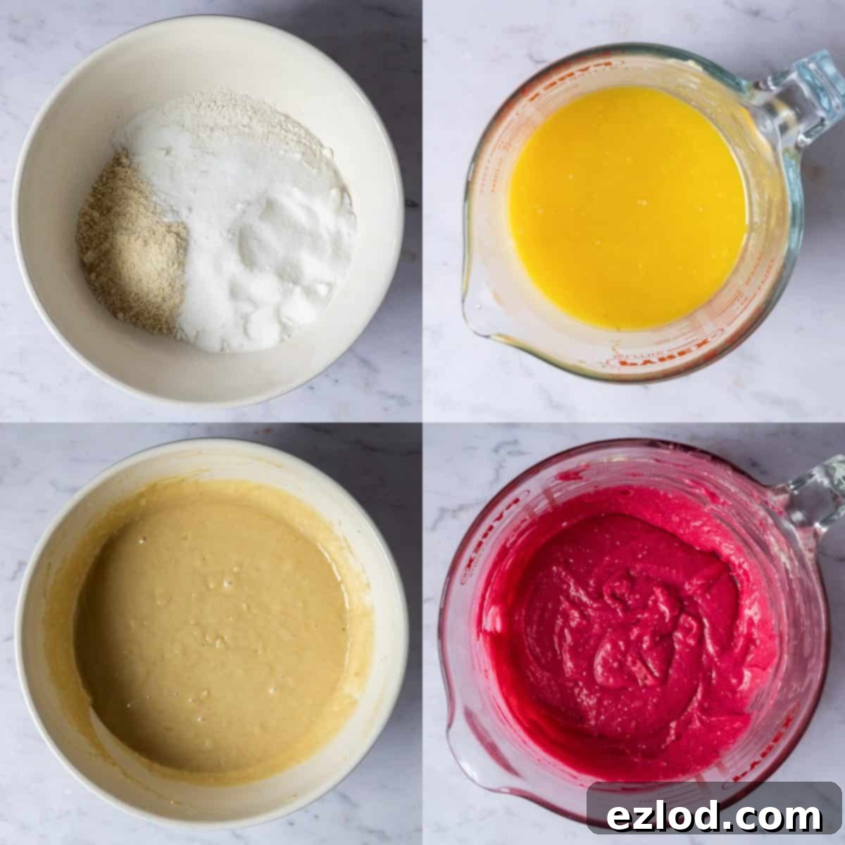 A two-part image demonstrating the preparation of the vegan Battenberg cake batter. The first part shows the plain almond batter, and the second shows half of the batter tinted pink with food coloring.
