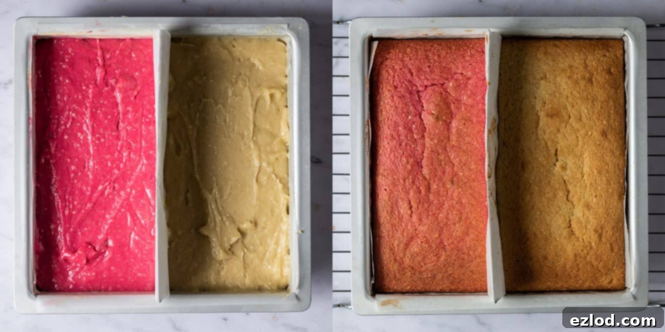 A two-part image showing the baking process for vegan Battenberg cake. The first section shows the pink and yellow batters neatly separated in the tin before baking, and the second section shows them baked and golden brown.