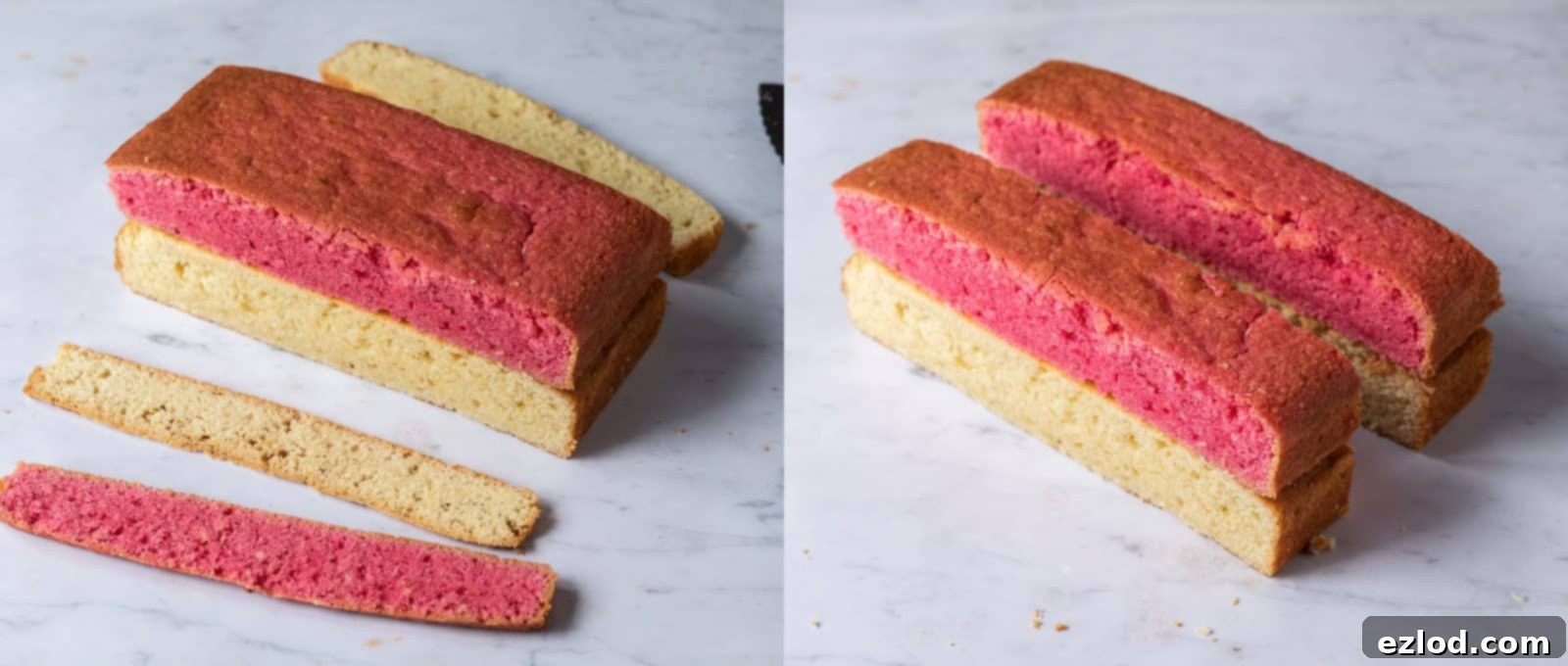 A multi-step image demonstrating the trimming process for vegan Battenberg cake sponges. It shows the cakes being leveled, stacked, trimmed to uniform dimensions, and finally sliced lengthwise to create four strips.