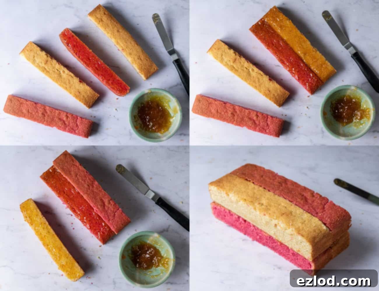 An image showing the assembly of the vegan Battenberg cake. Two strips of pink and yellow almond sponge are joined with apricot jam, and the remaining strips are being added to create the classic chequered pattern.