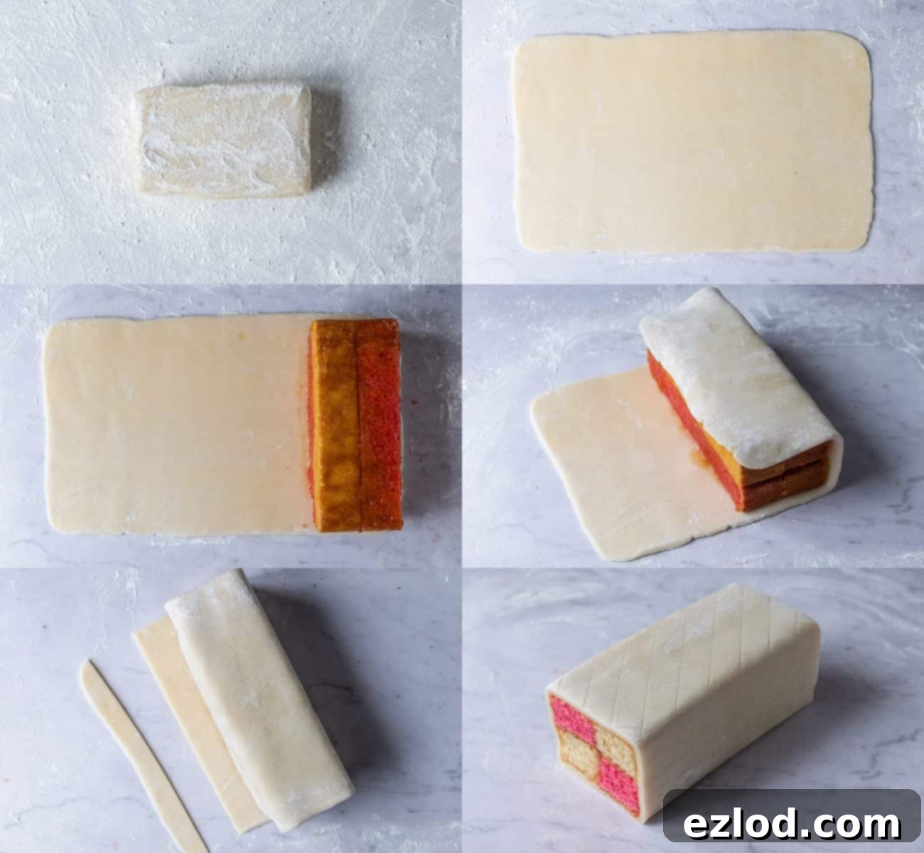 A step-by-step image illustrating how to wrap the assembled vegan Battenberg cake in marzipan. The cake is placed on a rolled-out sheet of marzipan, and a thin layer of apricot jam is being spread on its surface before wrapping.