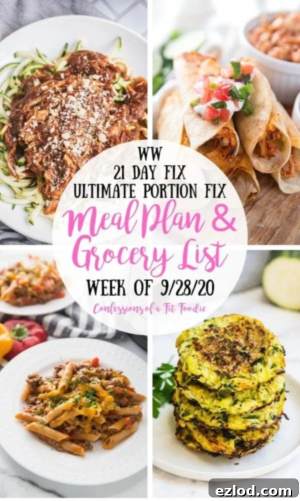 Food photo collage with pink and black text on a white circle. Text says WW | 21 Day Fix | Ultimate Portion Fix | Meal Plan & Grocery List | Week of 9/28/20 | Confessions of a Fit Foodie