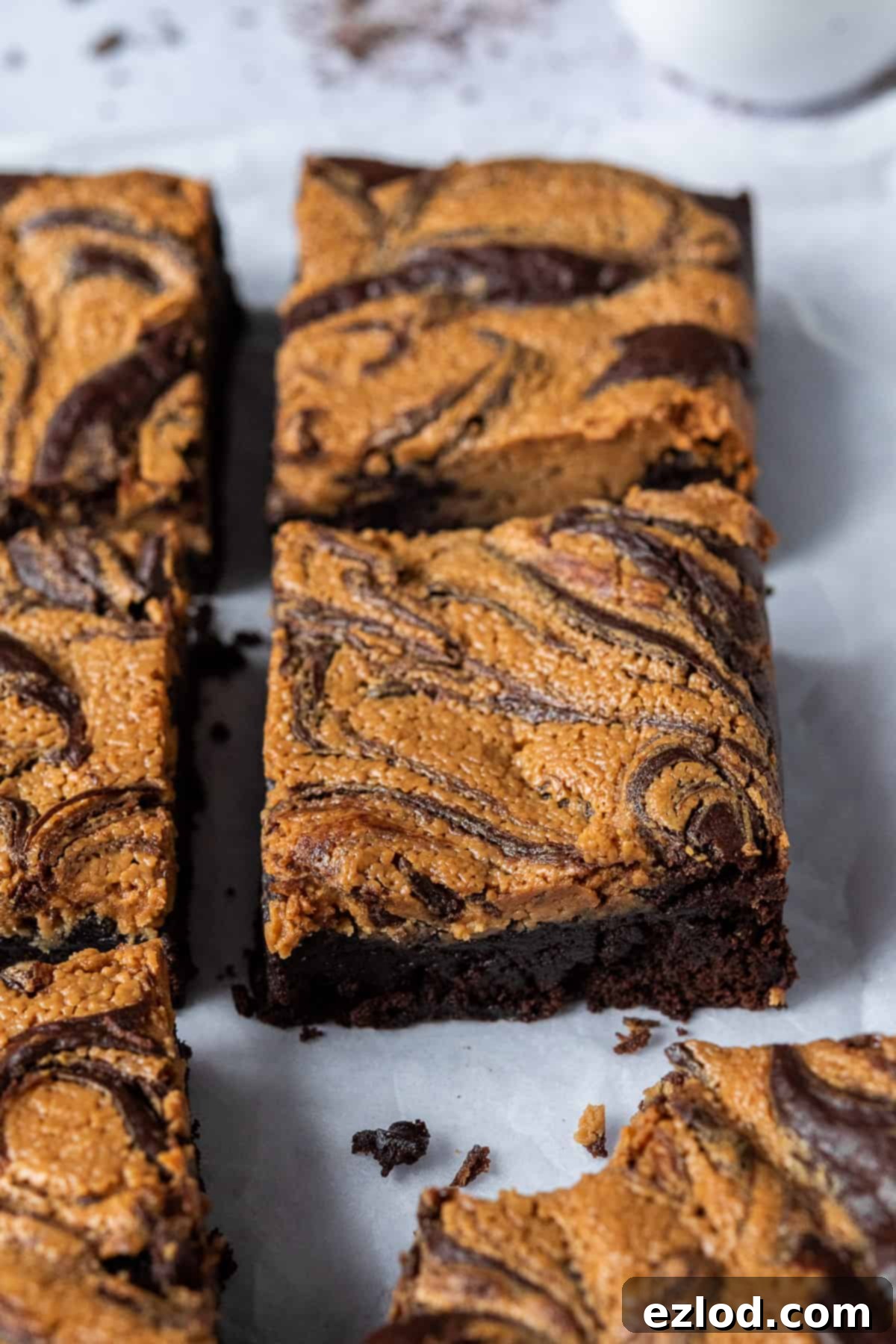 Close up of a square of peanut butter brownie.
