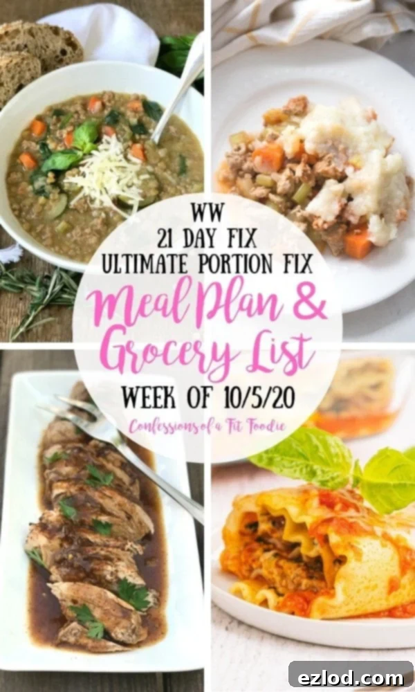 Food photo collage with black and pink text over a white circle. Text says WW | 21 Day Fix | Ultimate Portion Fix | Meal Plan & Grocery List | Week of 10/5/20 | Confessions of a Fit Foodie