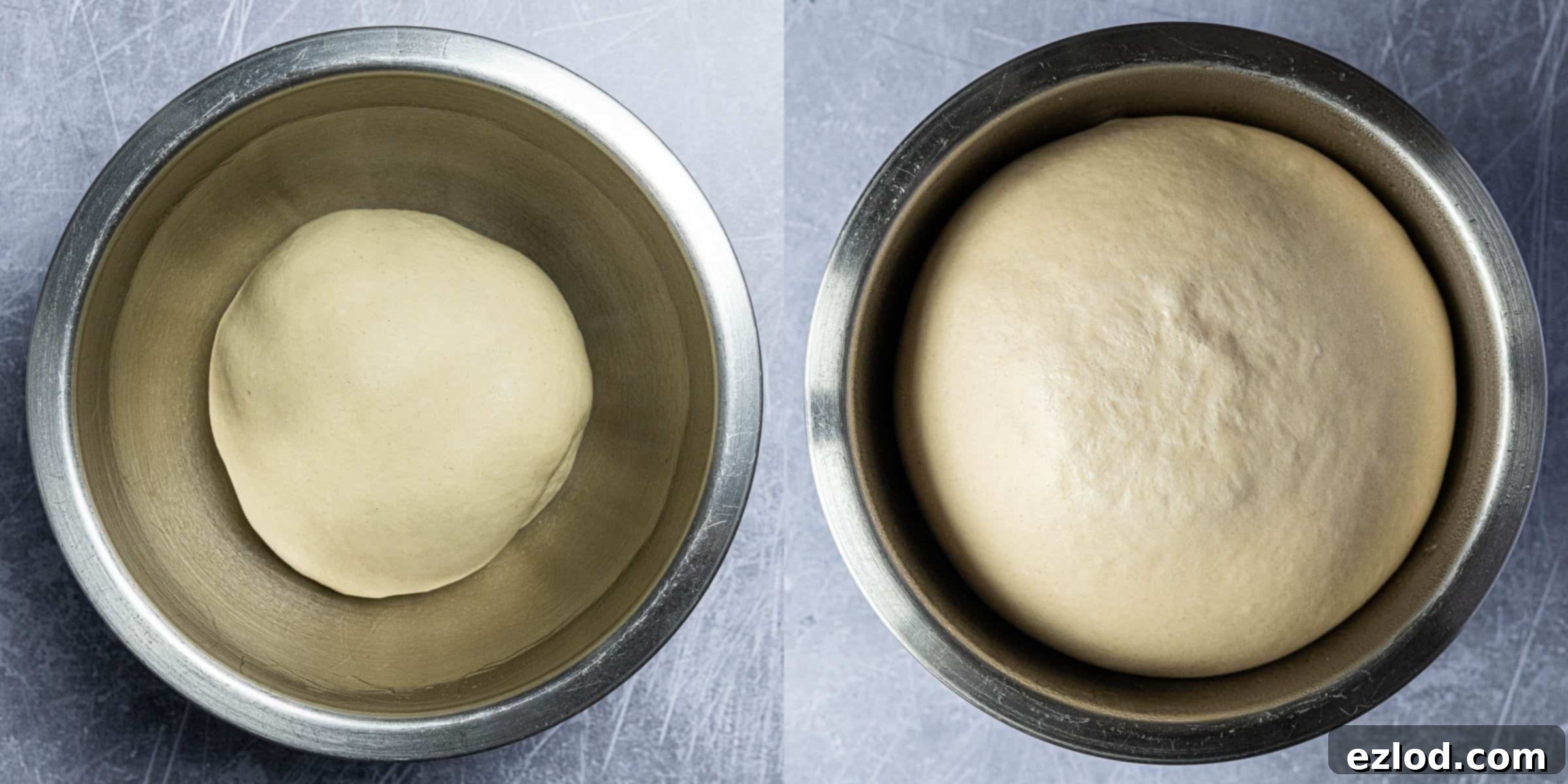 Step 3: A two-image collage showing the vegan almond bread dough before and after its first rise, having doubled in size.
