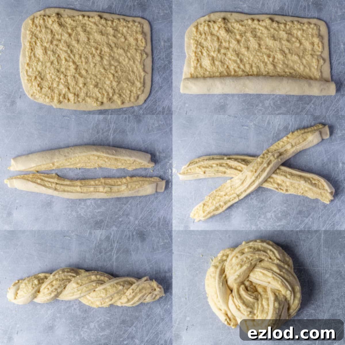 Step 5: A six-image collage illustrating the detailed process of rolling, cutting, and braiding the vegan almond bread dough with its filling.