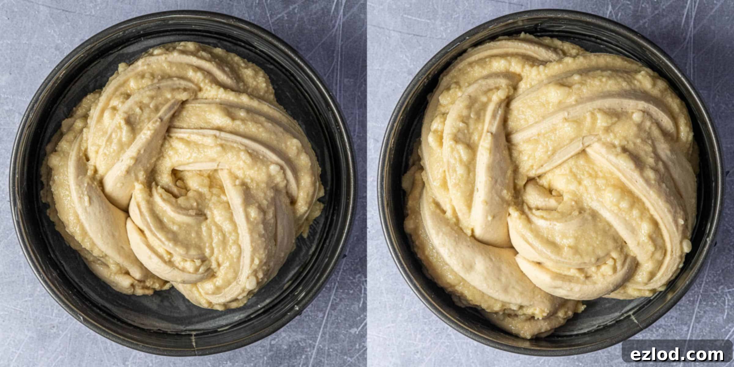 Step 6: A two-image collage showcasing the vegan almond bread twist before and after its second rise, looking puffy and expanded.