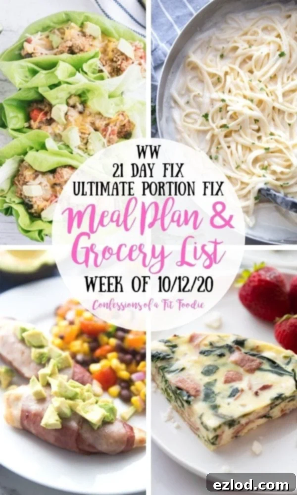 Food photo collage with a black and pink text overlay on a white circle. Text says, WW | 21 Day Fix | Ultimate Portion Fix | Meal Plan & Grocery List | Week of 10/12/20 | Confessions of a Fit Foodie