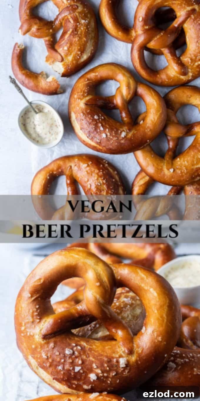 Pinterest image featuring a stack of vegan beer pretzels with the recipe title, perfect for sharing on social media.