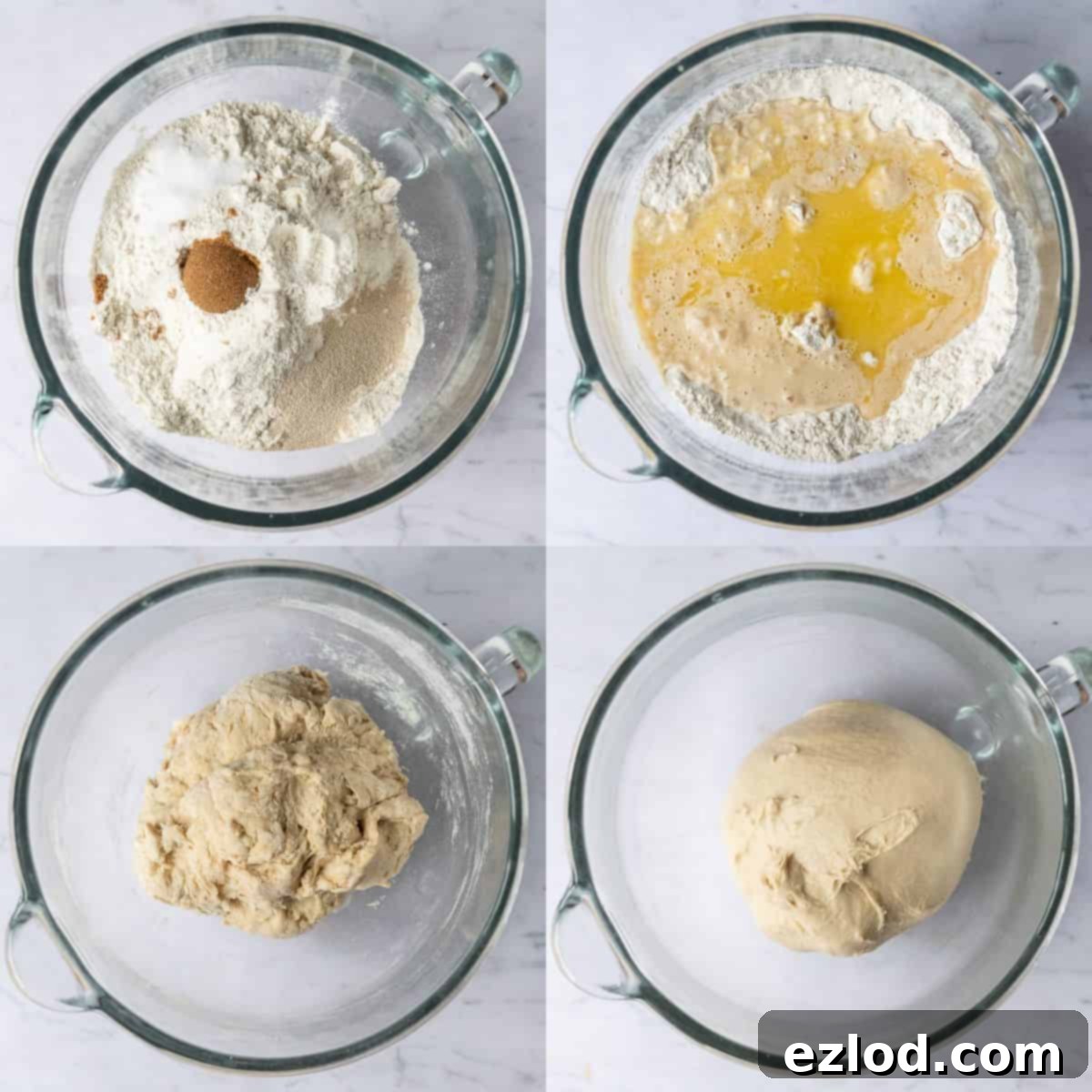 Step-by-step image showing the process of making the pretzel dough in a stand mixer, demonstrating its initial mixing phase.