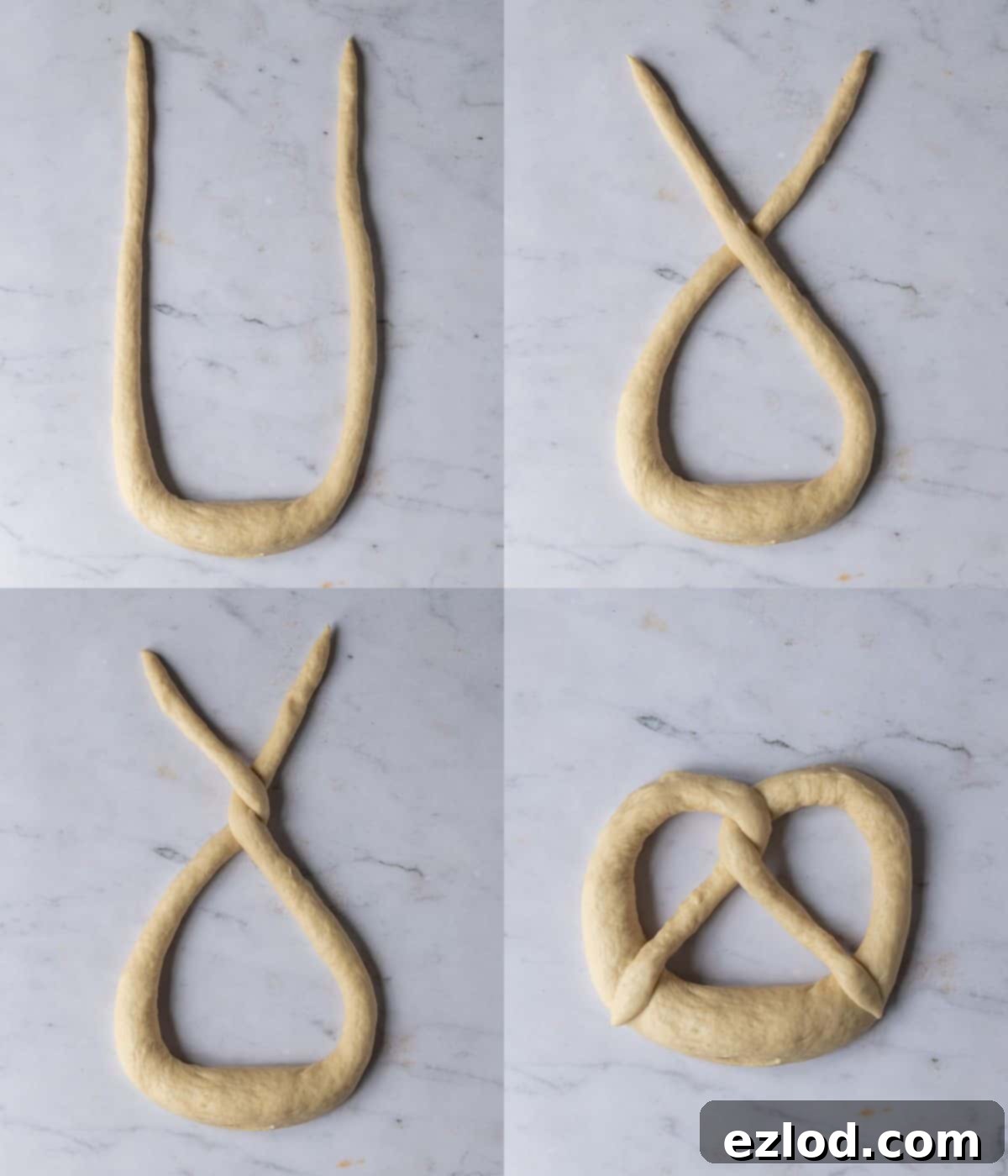 Step-by-step image showing hands shaping the pretzel dough into its classic knotted form on a clean work surface, illustrating the twist and fold technique.