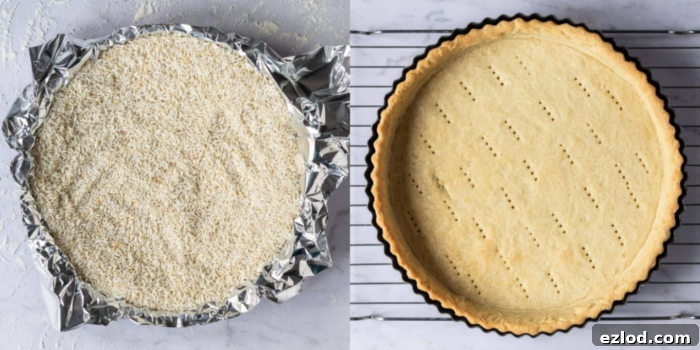 Step 3 in making vegan lemon tart: blind baking the pastry case with baking beans.