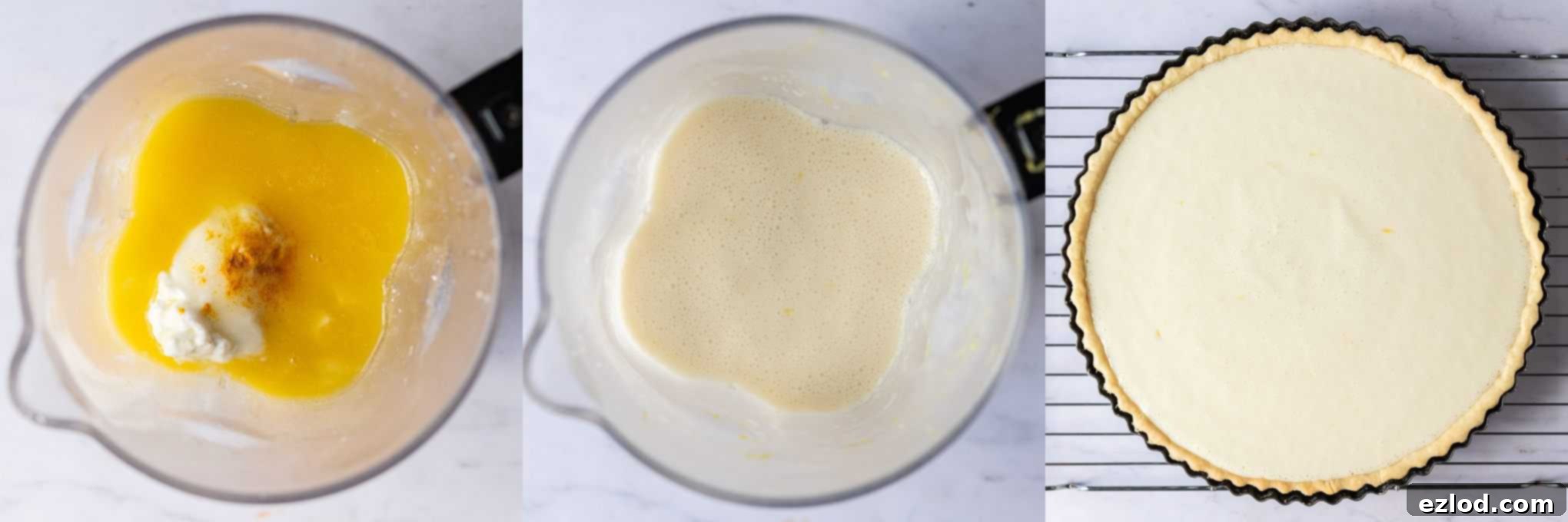 Step 4 in making vegan lemon tart: blending the lemon filling ingredients until smooth.