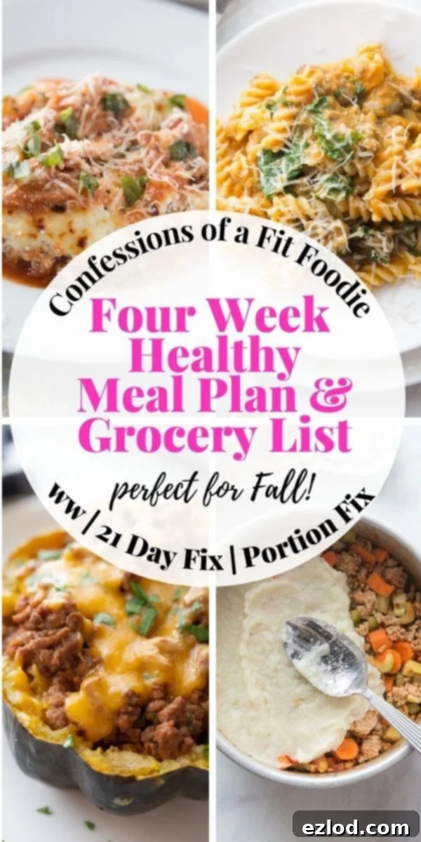 Food photo collage with pink and black text on a white rectangle. Text says, Healthy Meal Plans for Fall & Winter | 4 Weeks | Printable | Grocery List | Confessions of a Fit Foodie