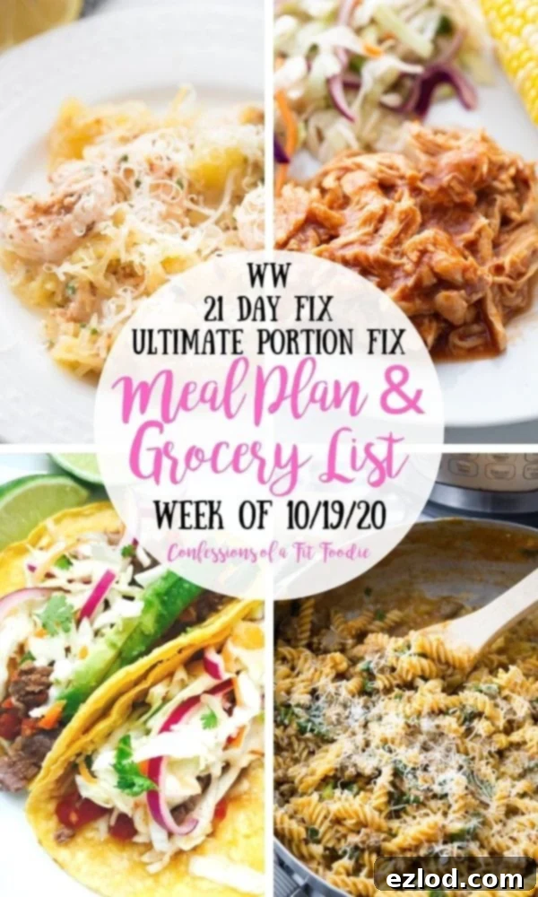 Food photo collage with pink and black text on a white circle. Text says: WW | 21 Day Fix | Ultimate Portion Fix | Meal Plan & Grocery List | Week of 10/19/20 | Confessions of a Fit Foodie