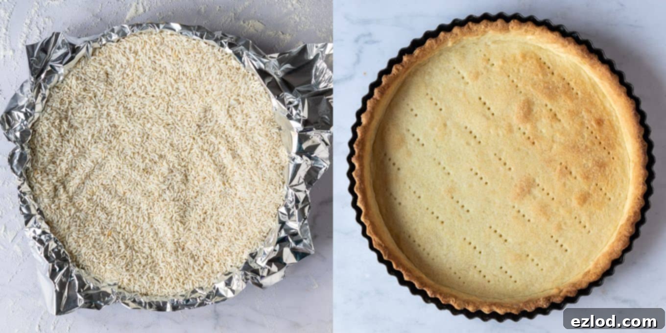 Step-by-step image illustrating the blind baking process for the vegan tart crust, lined with foil and baking beans.