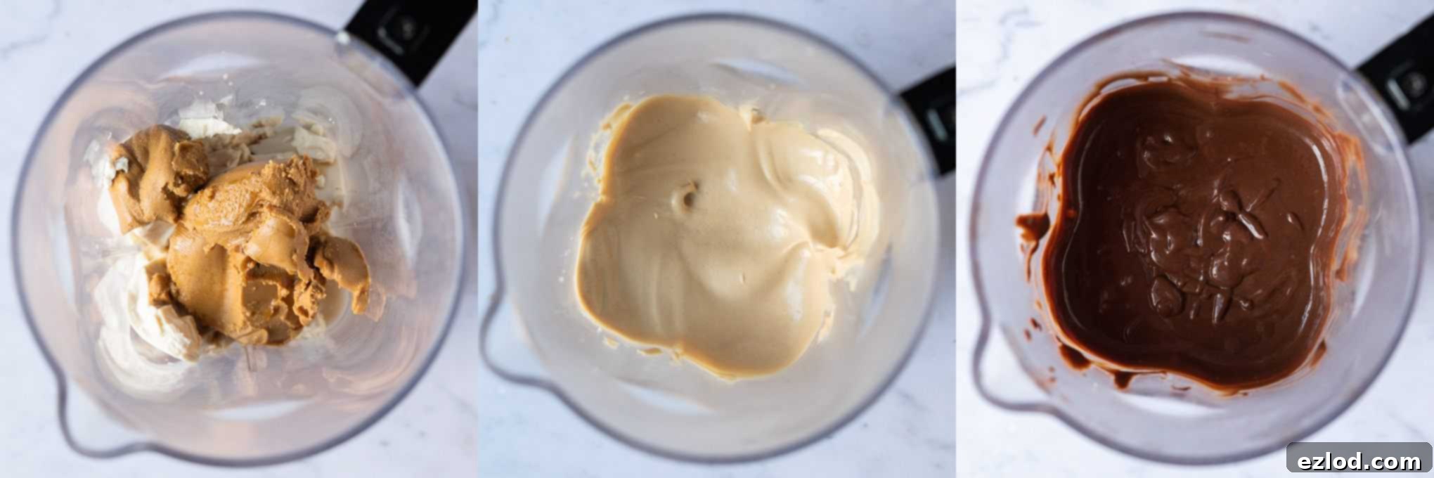 Step-by-step image of the chocolate peanut butter filling being poured into the prepared vegan tart crust, ready for chilling.