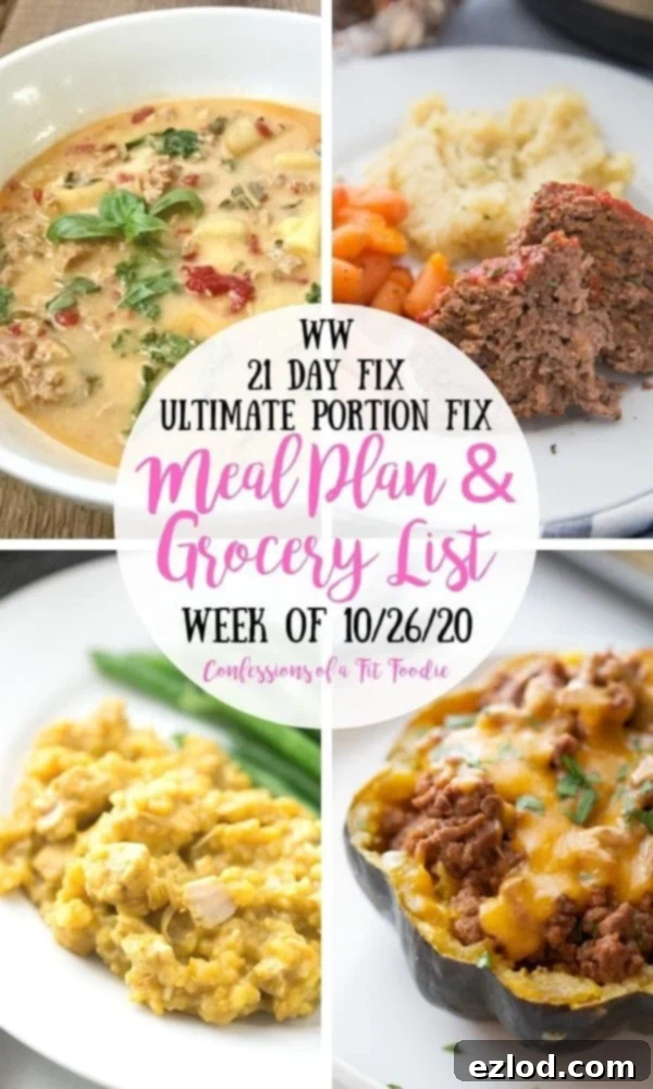 A collage featuring a 21 Day Fix and WW meal plan for the week of October 26, 2020, with images of healthy fall comfort food dishes like taco stuffed acorn squash, meatloaf, and sheet pan breakfast. Text prominently displays 'WW | 21 Day Fix | Ultimate Portion Fix | Meal Plan & Grocery List | Week of 10/26/20 | Confessions of a Fit Foodie'.