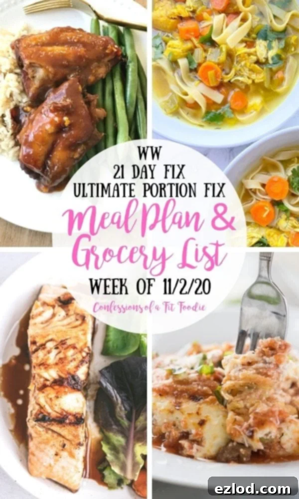food photo collage with black and pink text on a white circle. Text says, WW | 21 Day Fix | Ultimate Portion Fix | Meal Plan & Grocery List | Week of 11/2/20 | Confessions of a Fit Foodie