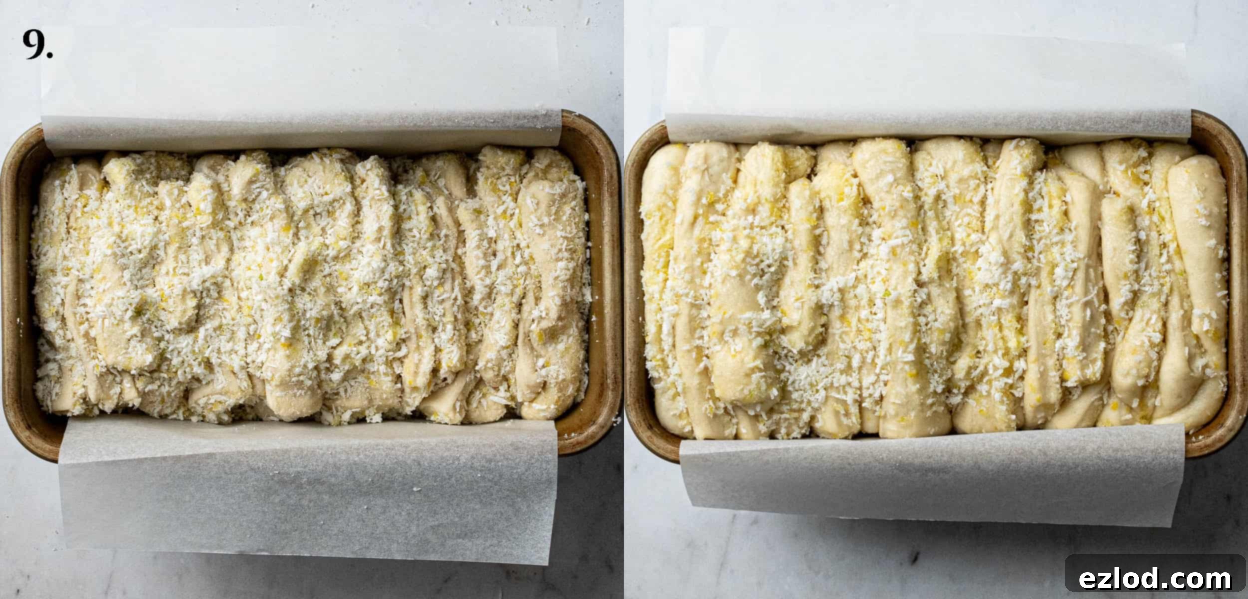 Step 9: A two-image collage showing the stacked dough in the loaf tin before and after its second rise, looking puffy and ready for baking.