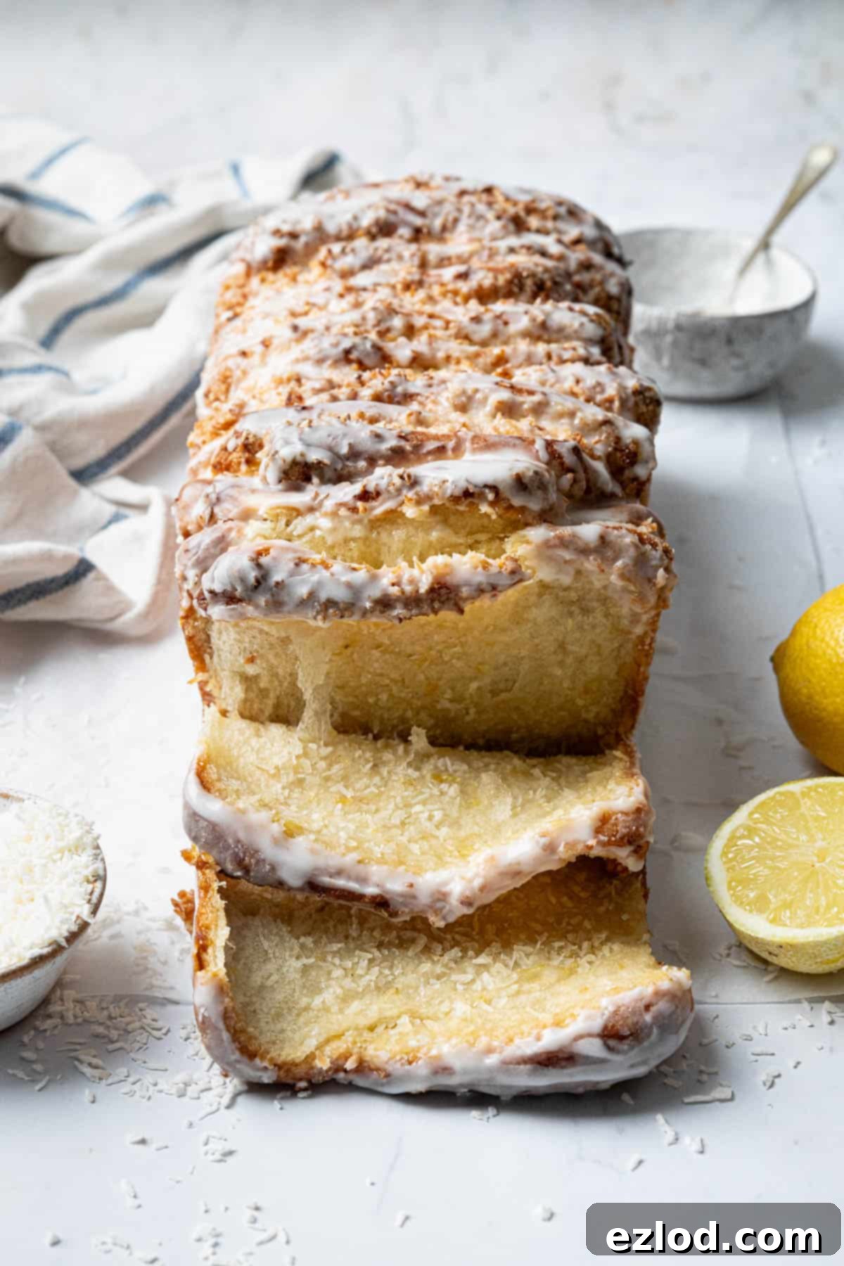 Lemon coconut pull-apart bread pulled into pieces.