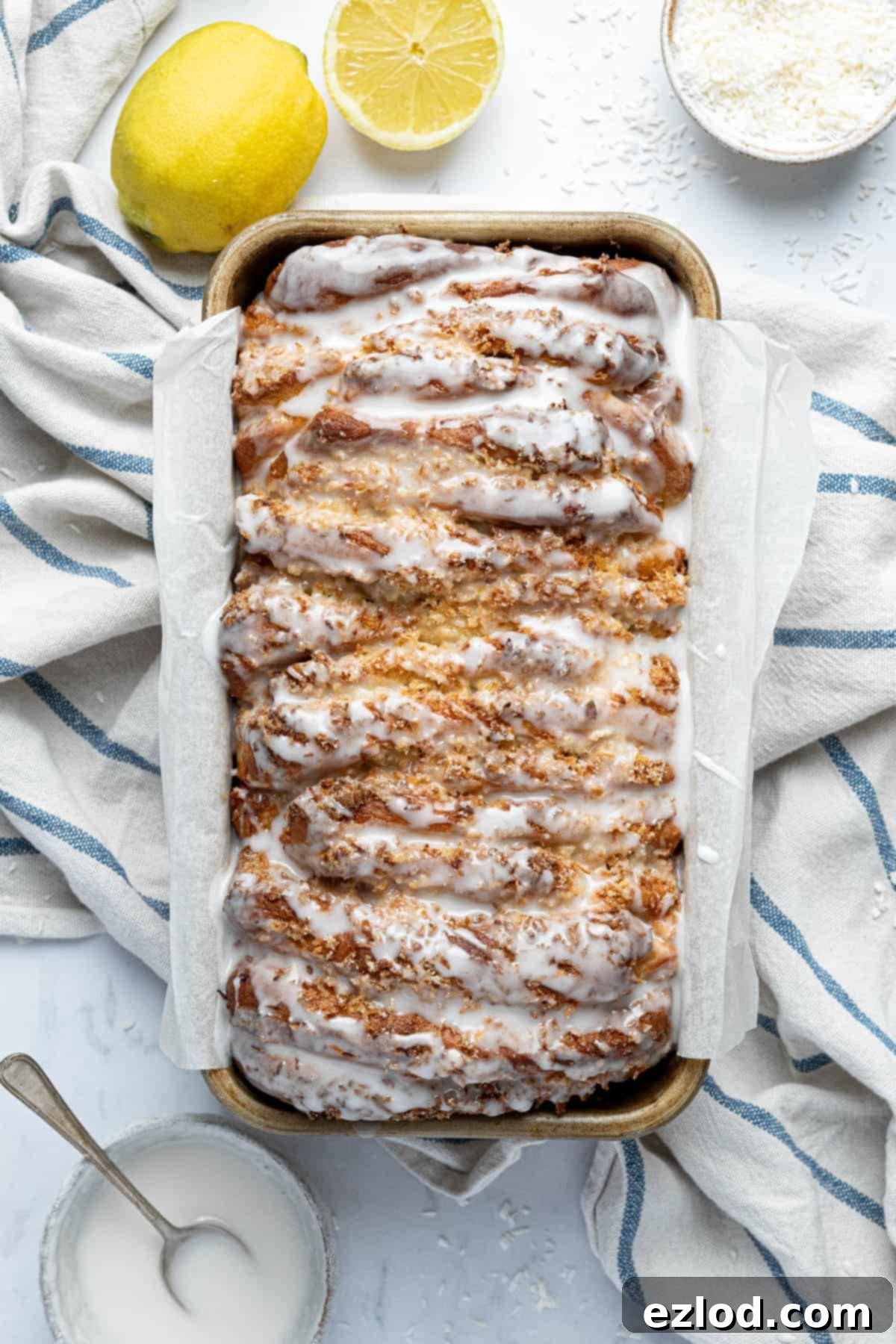 Lemon coconut pull-apart bread in a loaf tin.