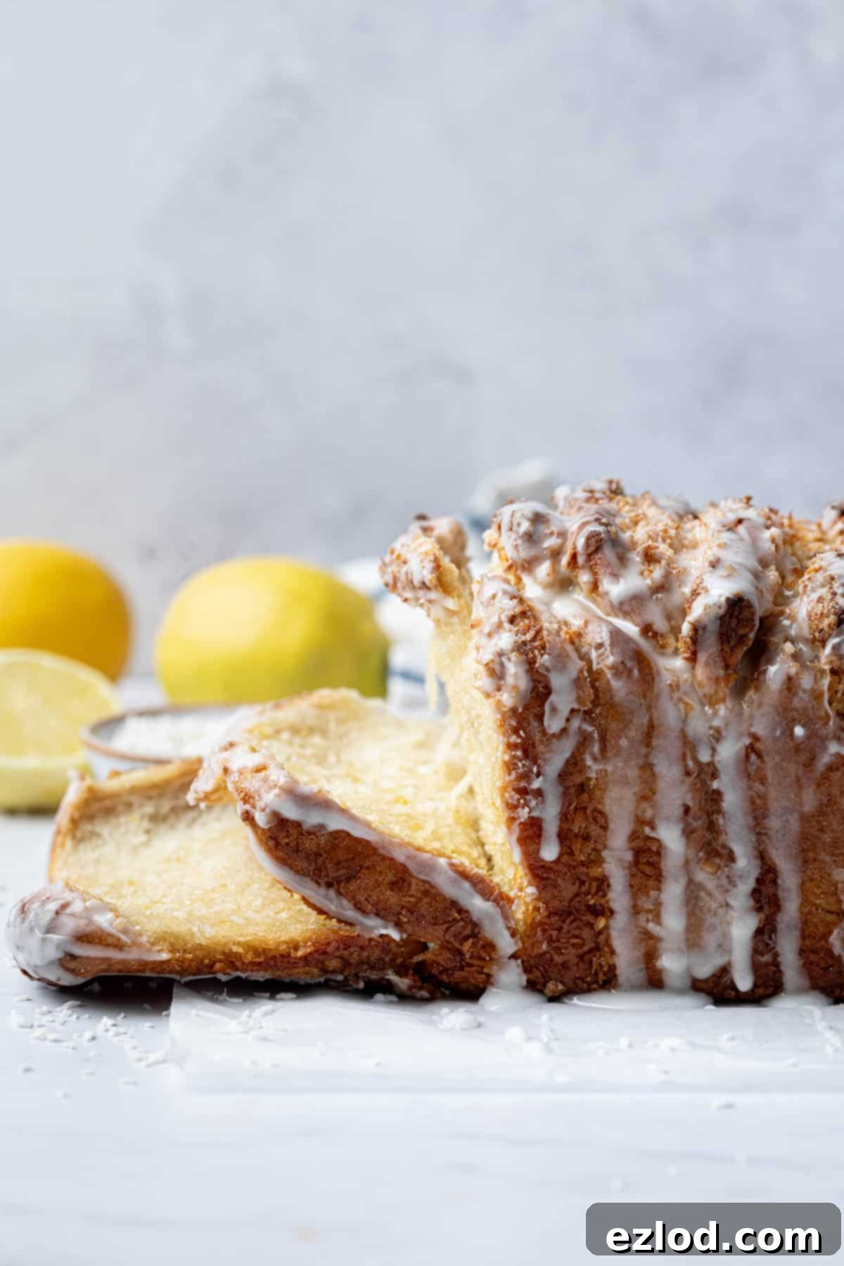 The side of the loaf of lemon coconut pull-apart bread.