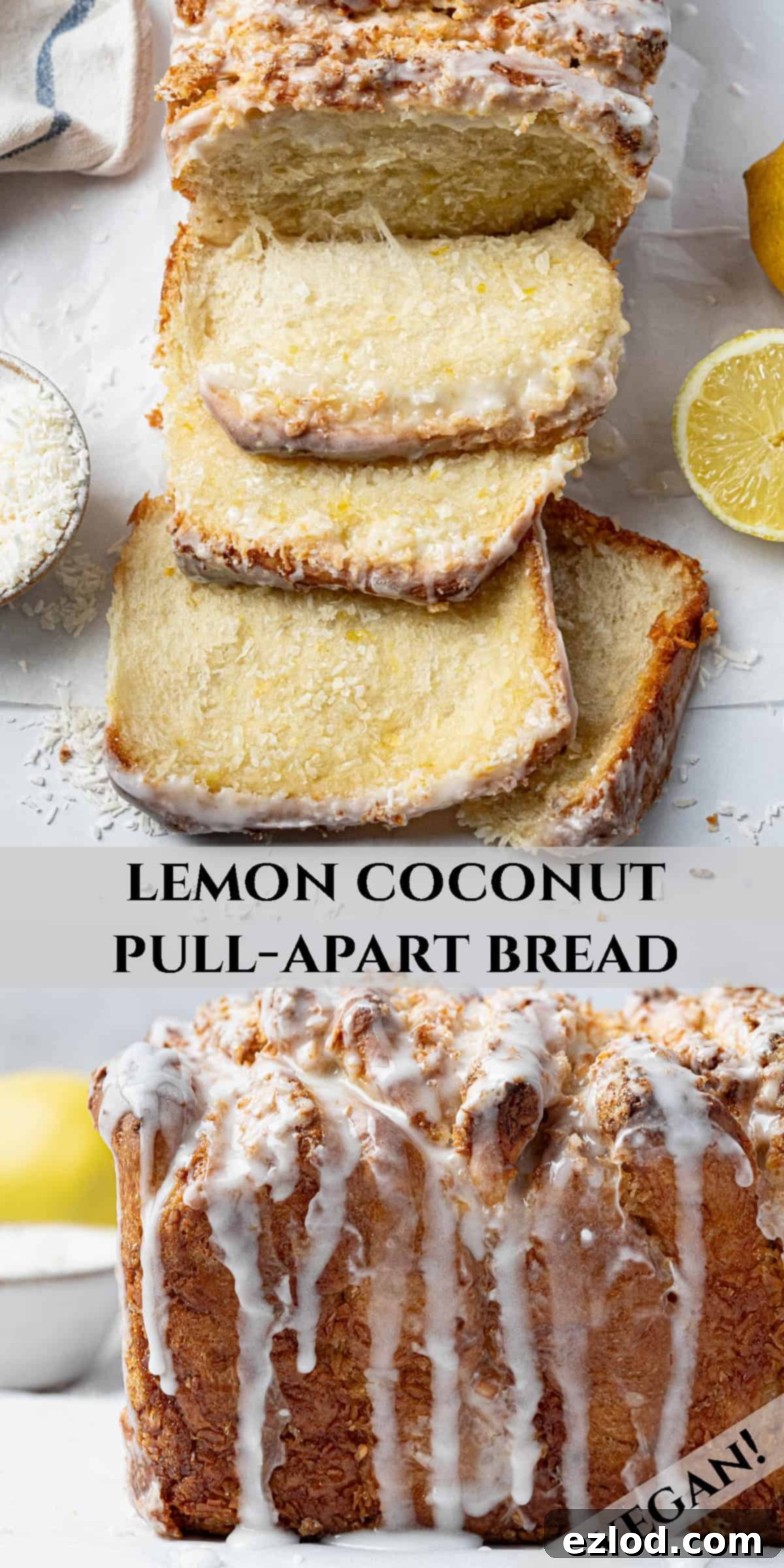 A Pinterest-friendly collage featuring multiple appetizing images of the vegan lemon coconut pull-apart bread, including the loaf, individual pieces, and ingredients.