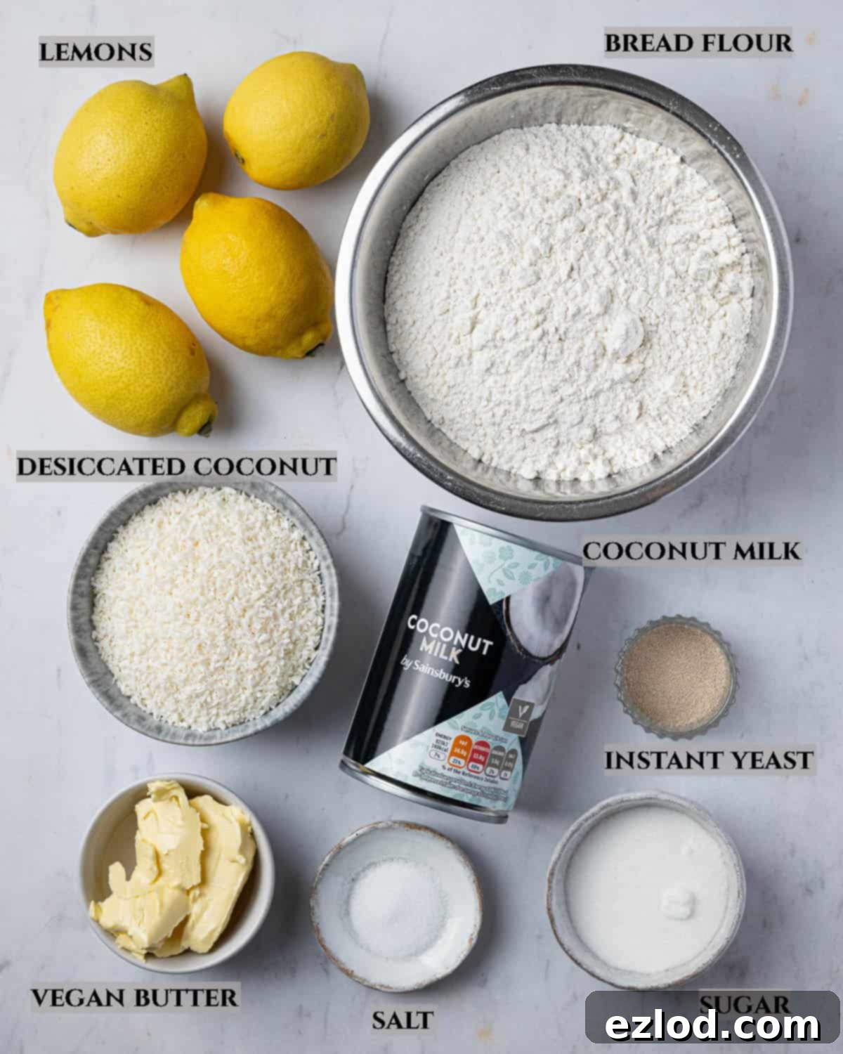 A labelled photo of the ingredients needed to make lemon coconut pull-apart bread.