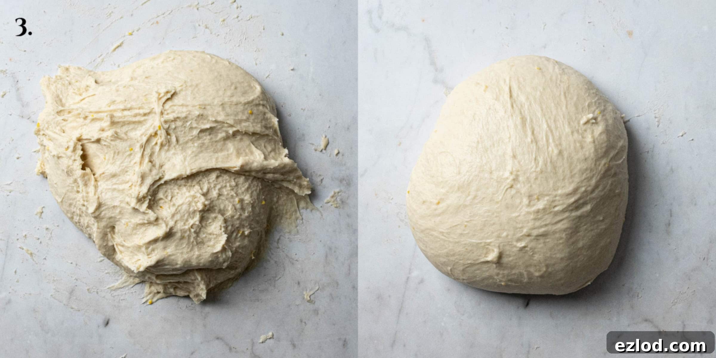 Step 3, a 2 image collage of the stages of kneading the butter into the dough.