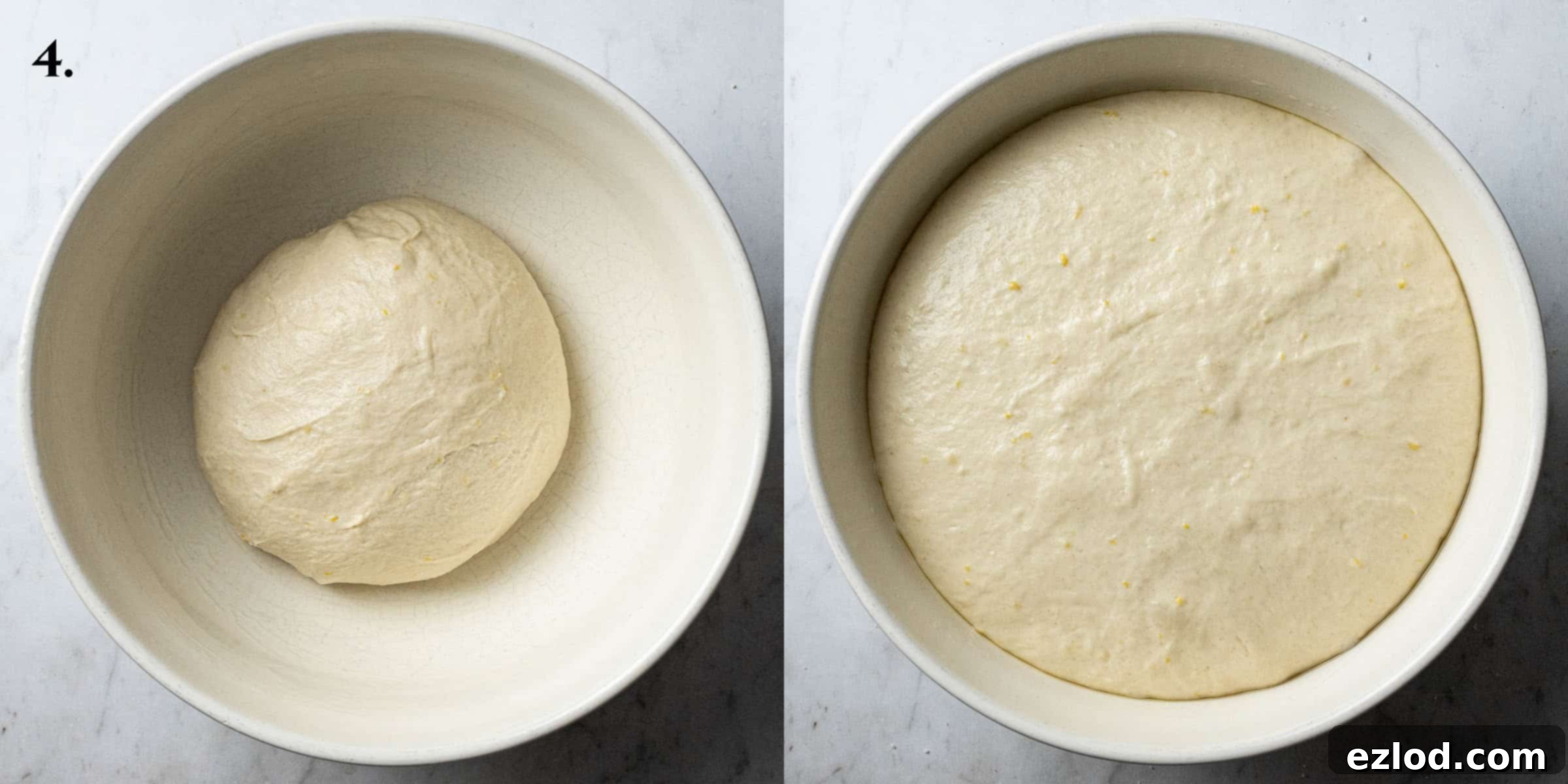 Step 4, a 2 image collage of the dough before and after rising.